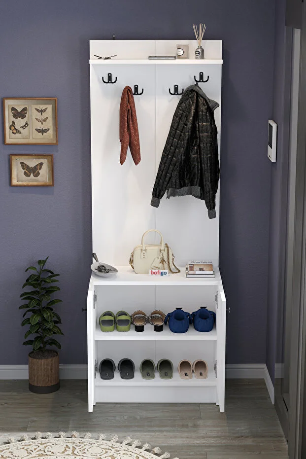 2 Kapaklı Portmanto Elbise Askılığı Vestiyer Ayakkabılık Askılık Güneş Beyaz